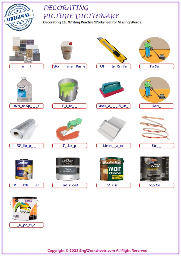 Decorating ESL Writing Practice Worksheet for Missing Words. Worksheet Preview