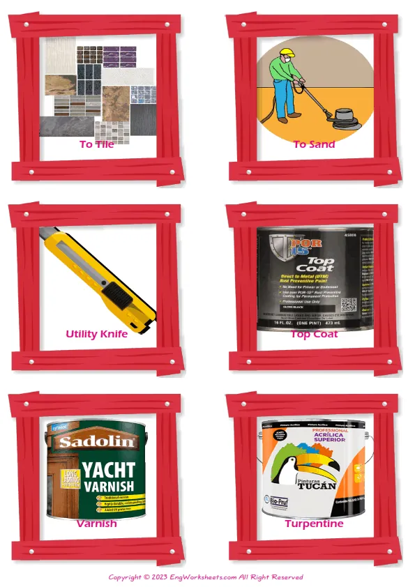 Decorating vocabulary worksheet with words, six images per page Worksheet Preview