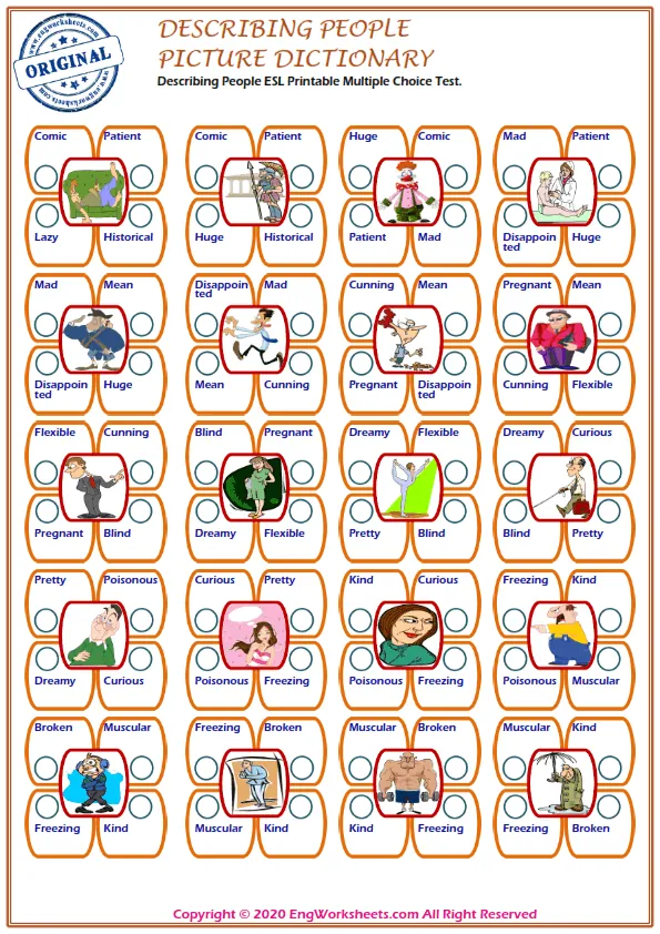 Describing People ESL Printable Multiple Choice Test. Worksheet Preview