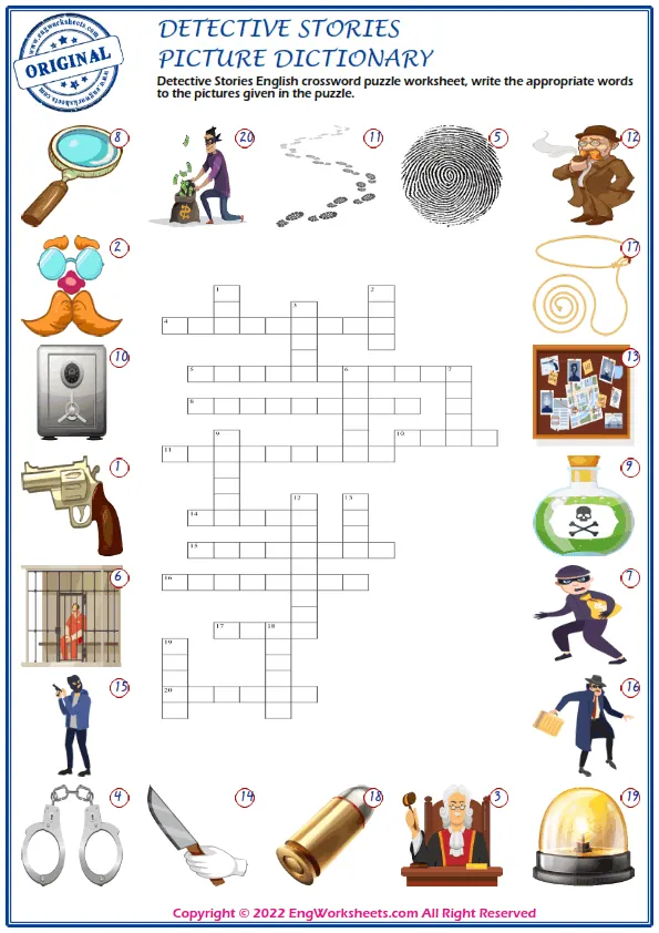 Detective Stories English crossword puzzle worksheet, write the appropriate words to the pictures given in the puzzle. Worksheet Preview
