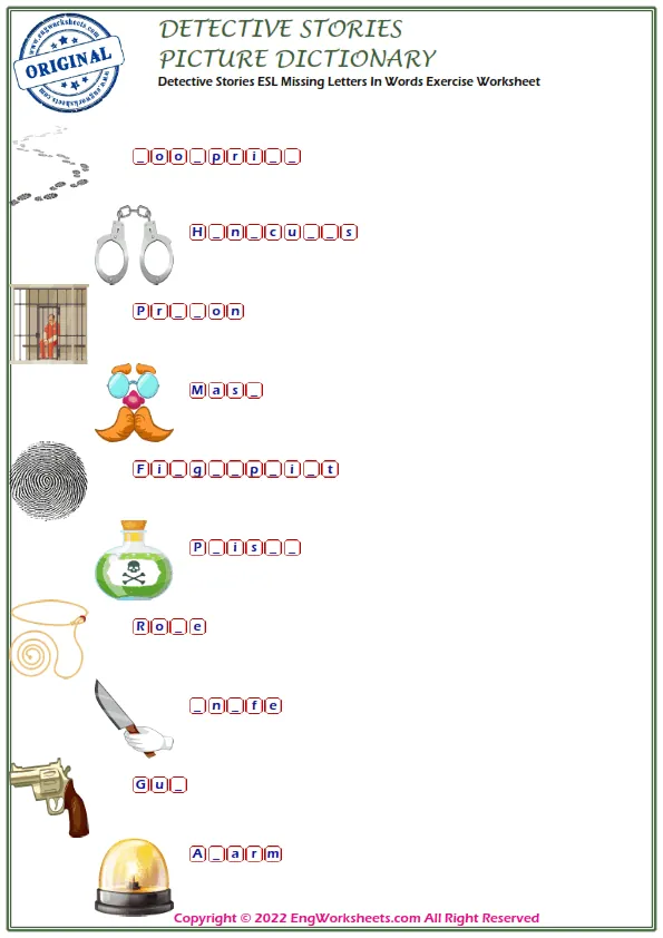 Detective Stories ESL Missing Letters In Words Exercise Worksheet Worksheet Preview
