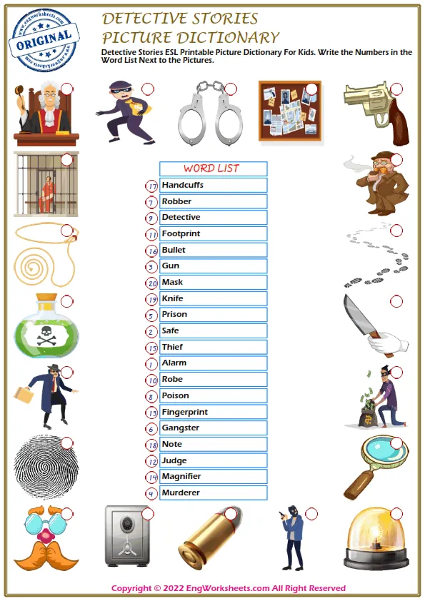 Detective Stories ESL Printable Picture Dictionary For Kids. Write the Numbers in the Word List Next to the Pictures. Worksheet Preview