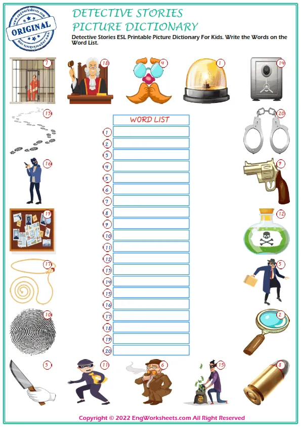 Detective Stories ESL Printable Picture Dictionary For Kids. Write the Words on the Word List. Worksheet Preview