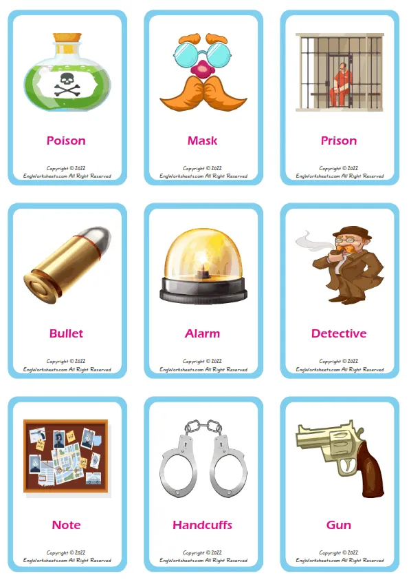 Detective Stories vocabulary worksheet with words, nine images per page Worksheet Preview