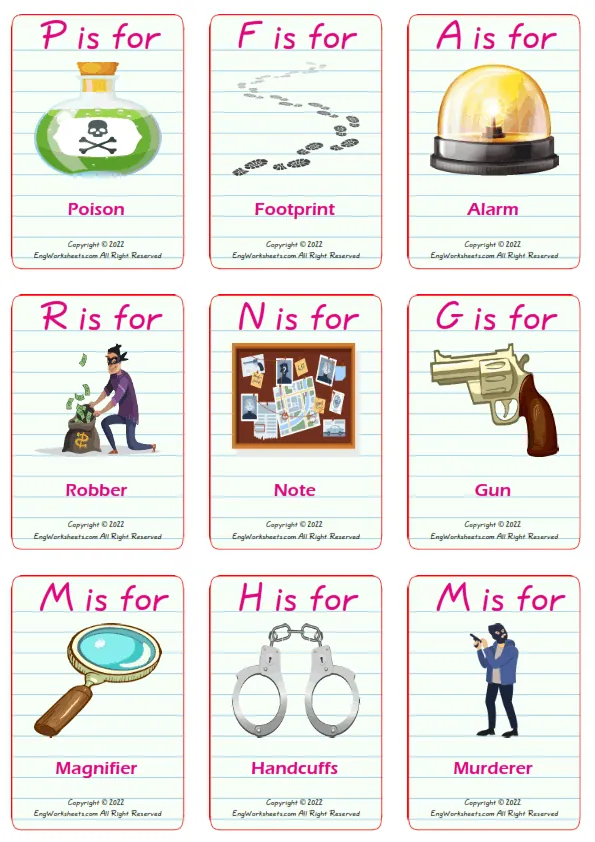 Detective Stories vocabulary worksheet with words, nine images per page Worksheet Preview