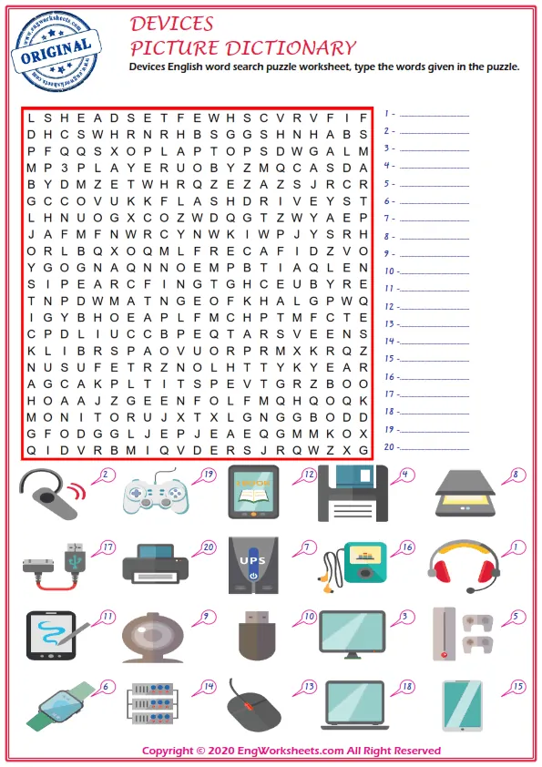 Devices English word search puzzle worksheet, type the words given in the puzzle. Worksheet Preview