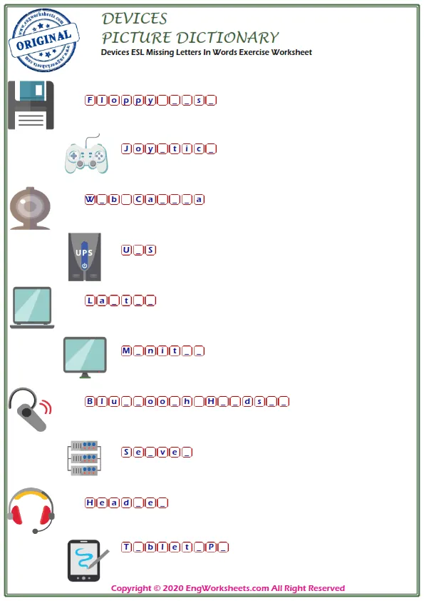 Devices ESL Missing Letters In Words Exercise Worksheet Worksheet Preview