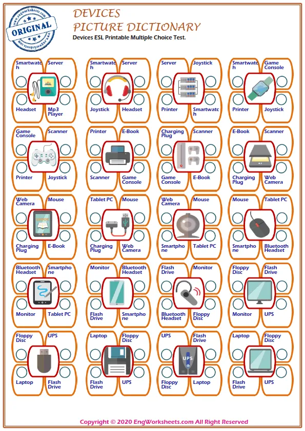 Devices ESL Printable Multiple Choice Test. Worksheet Preview
