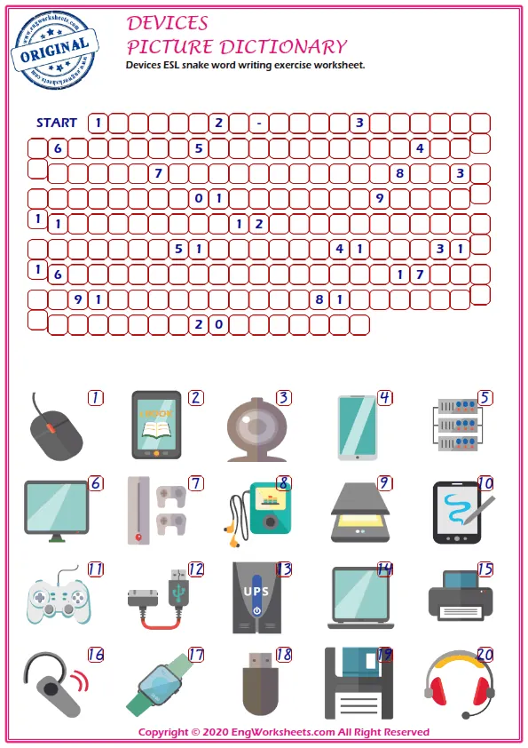 Devices ESL snake word writing exercise worksheet. Worksheet Preview