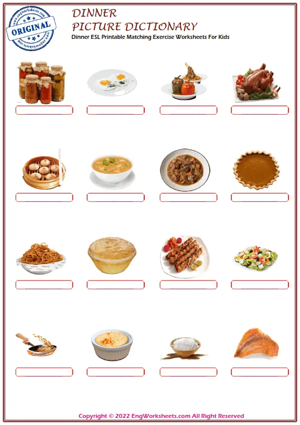 Dinner ESL Printable Matching Exercise Worksheets For Kids Worksheet Preview