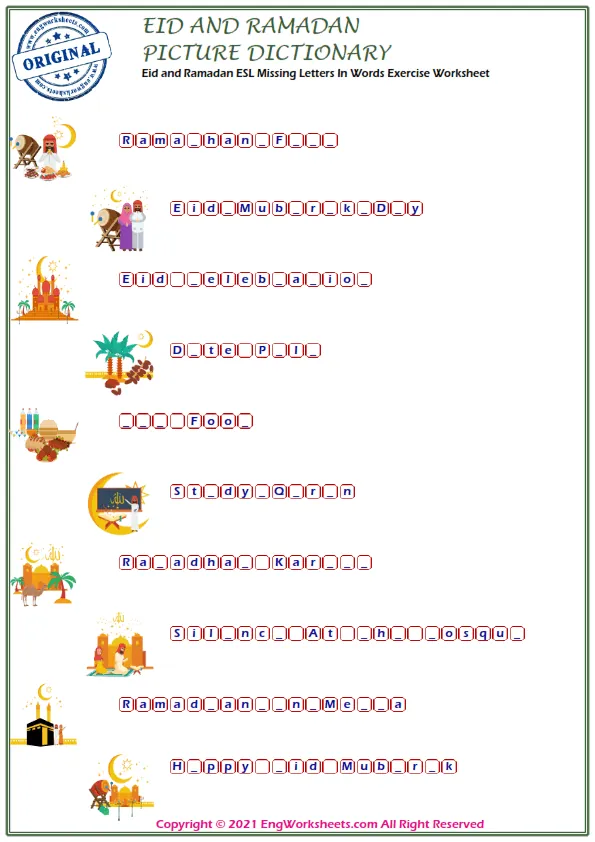 Eid and Ramadan ESL Missing Letters In Words Exercise Worksheet Worksheet Preview
