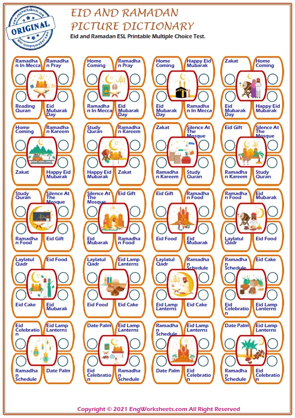 Eid and Ramadan ESL Printable Multiple Choice Test. Worksheet Preview