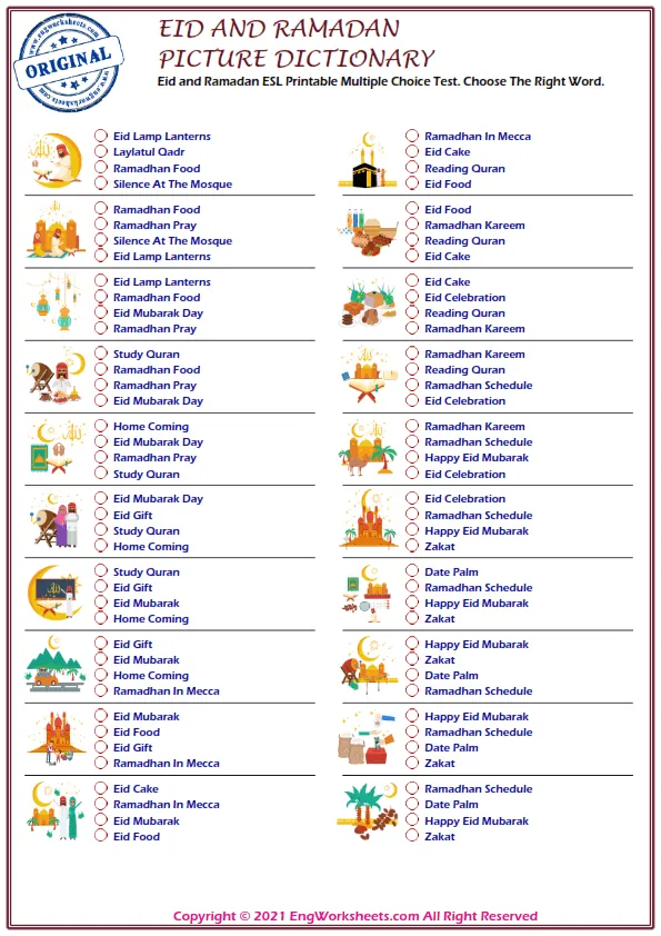 Eid and Ramadan ESL Printable Multiple Choice Test. Choose The Right Word. Worksheet Preview