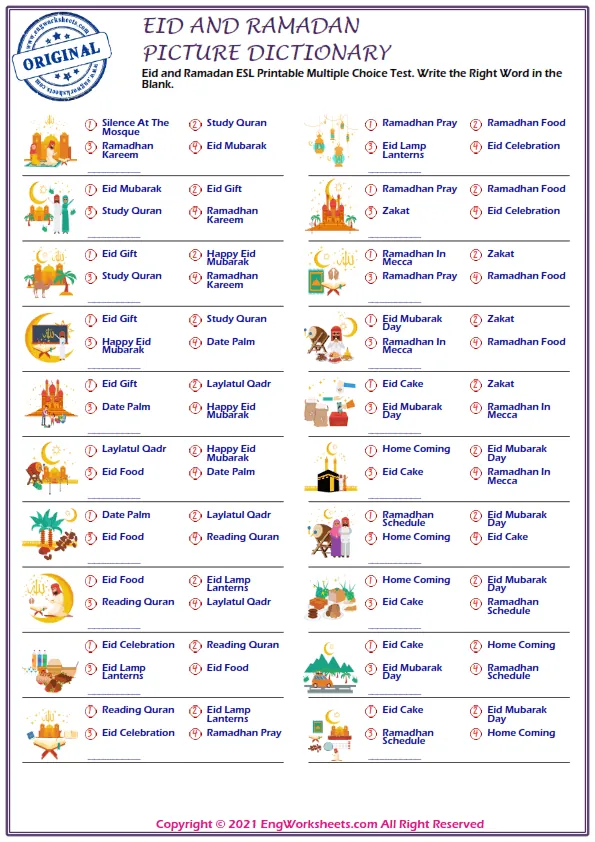 Eid and Ramadan ESL Printable Multiple Choice Test. Write the Right Word in the Blank. Worksheet Preview
