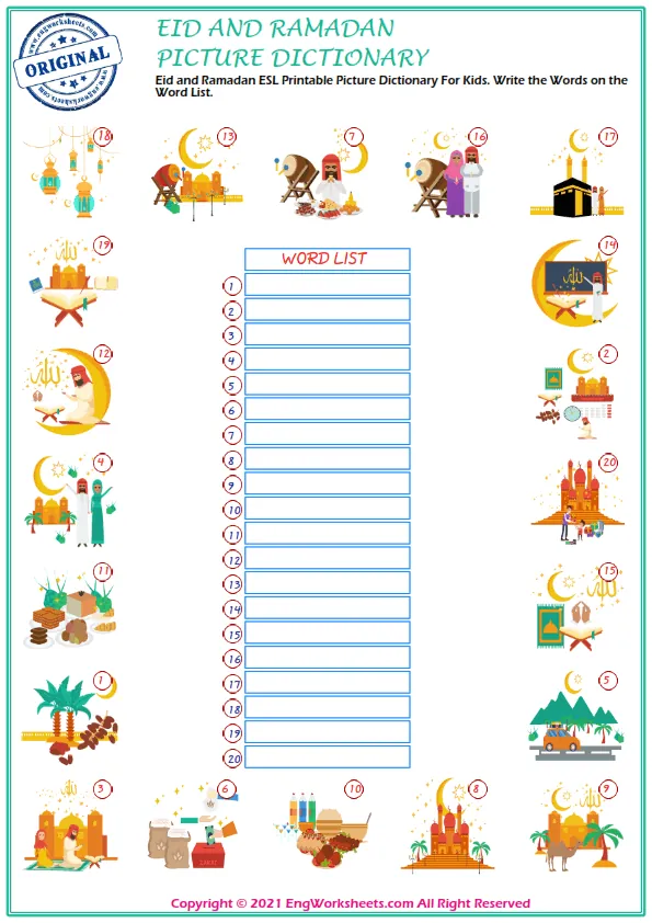 Eid and Ramadan ESL Printable Picture Dictionary For Kids. Write the Words on the Word List. Worksheet Preview