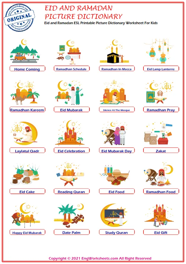 Eid and Ramadan ESL Printable Picture Dictionary Worksheet For Kids Worksheet Preview