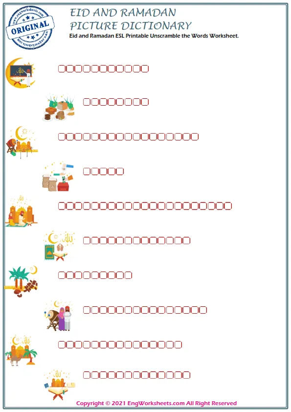 Eid and Ramadan ESL Printable Unscramble the Words Worksheet. Worksheet Preview