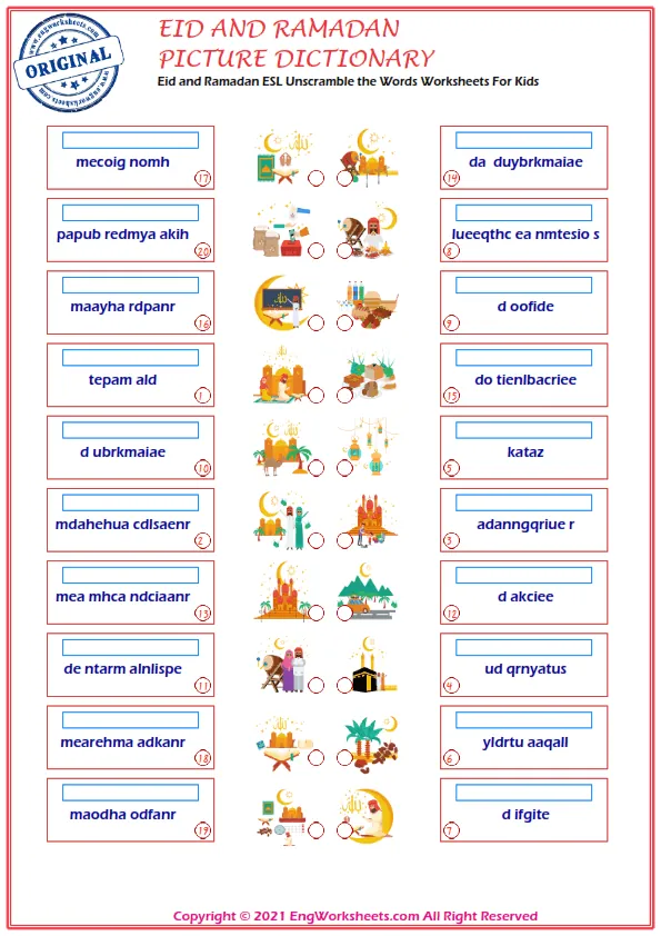 Eid and Ramadan ESL Unscramble the Words Worksheets For Kids Worksheet Preview