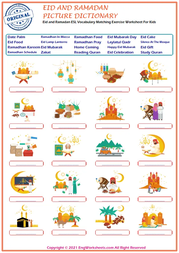 Eid and Ramadan ESL Vocabulary Matching Exercise Worksheet For Kids Worksheet Preview