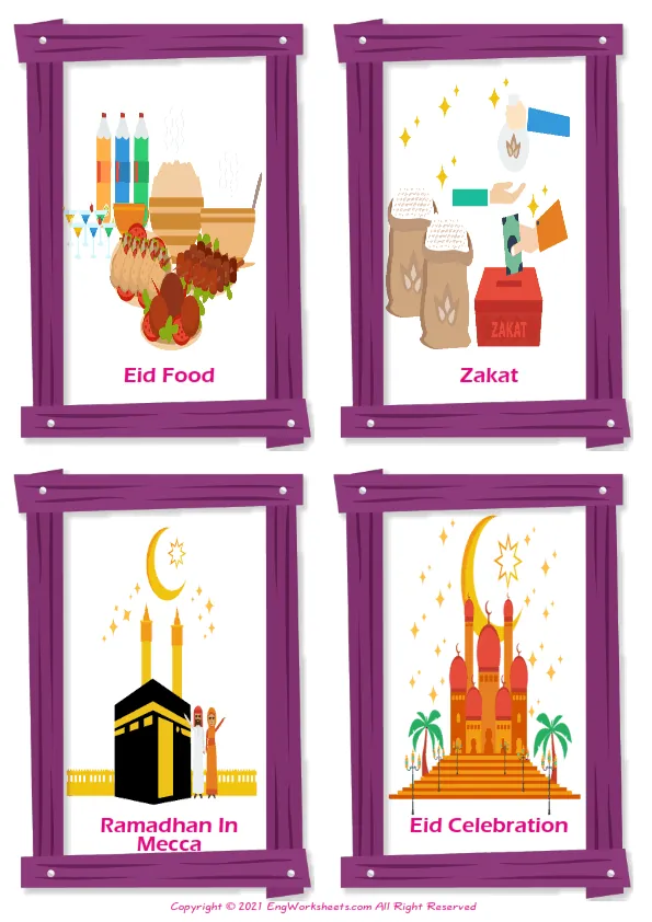 Eid and Ramadan vocabulary worksheet with words, four images per page Worksheet Preview