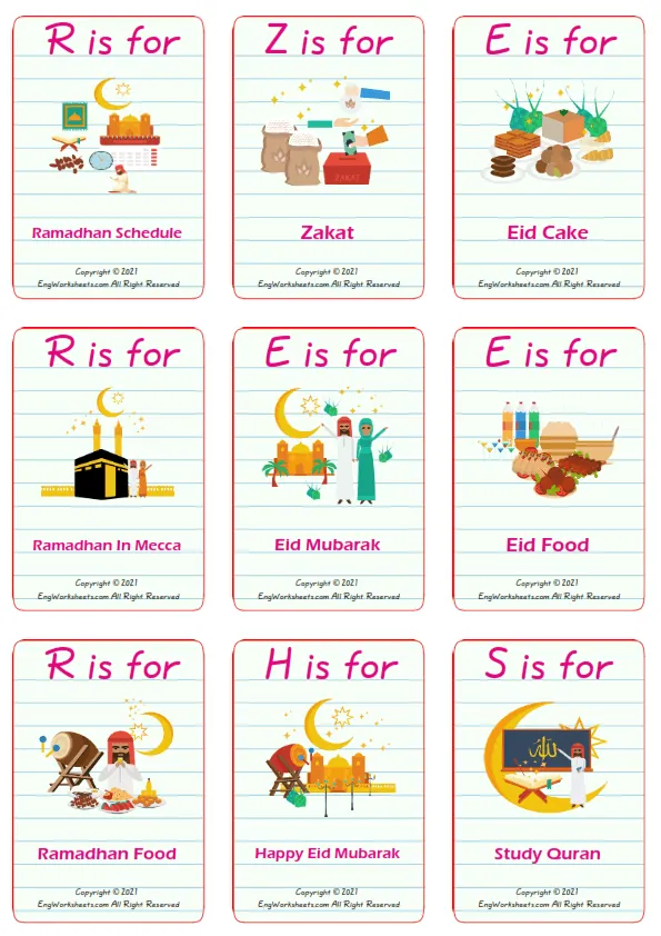 Eid and Ramadan vocabulary worksheet with words, nine images per page Worksheet Preview