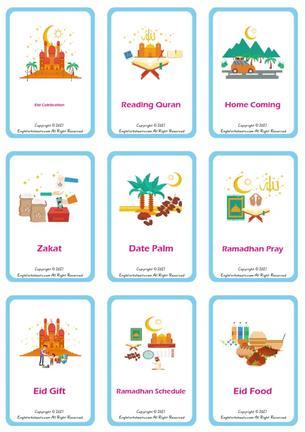 Eid and Ramadan vocabulary worksheet with words, nine images per page Worksheet Preview