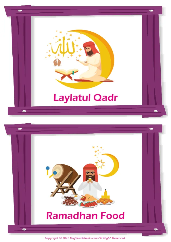 Eid and Ramadan vocabulary worksheet with words, two images per page Worksheet Preview