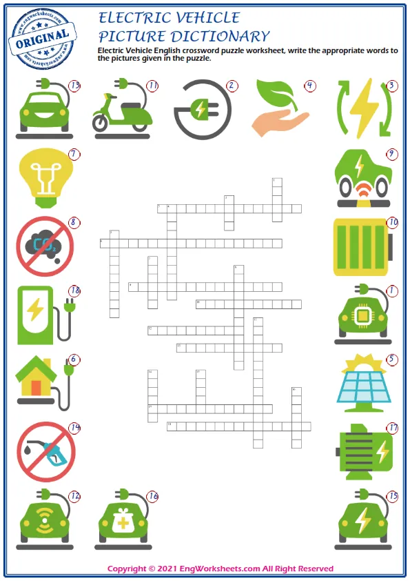 Electric Vehicle English crossword puzzle worksheet, write the appropriate words to the pictures given in the puzzle. Worksheet Preview