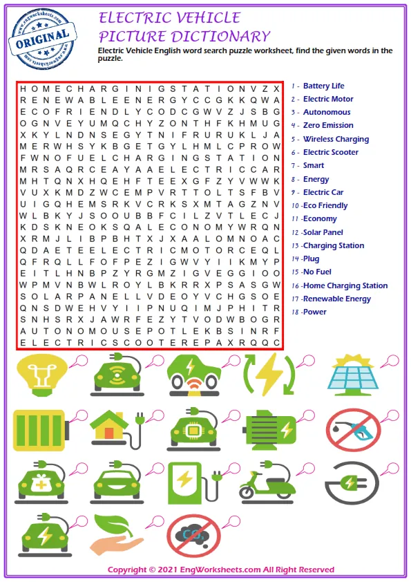 Electric Vehicle English word search puzzle worksheet, find the given words in the puzzle. Worksheet Preview