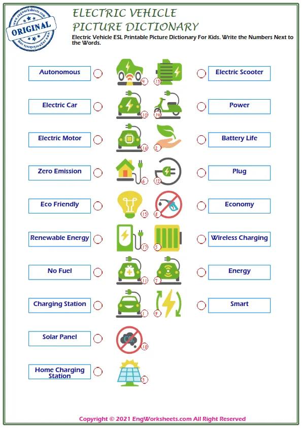 Electric Vehicle ESL Printable Picture Dictionary For Kids. Write the Numbers Next to the Words. Worksheet Preview