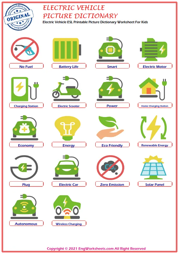 Electric Vehicle ESL Printable Picture Dictionary Worksheet For Kids Worksheet Preview