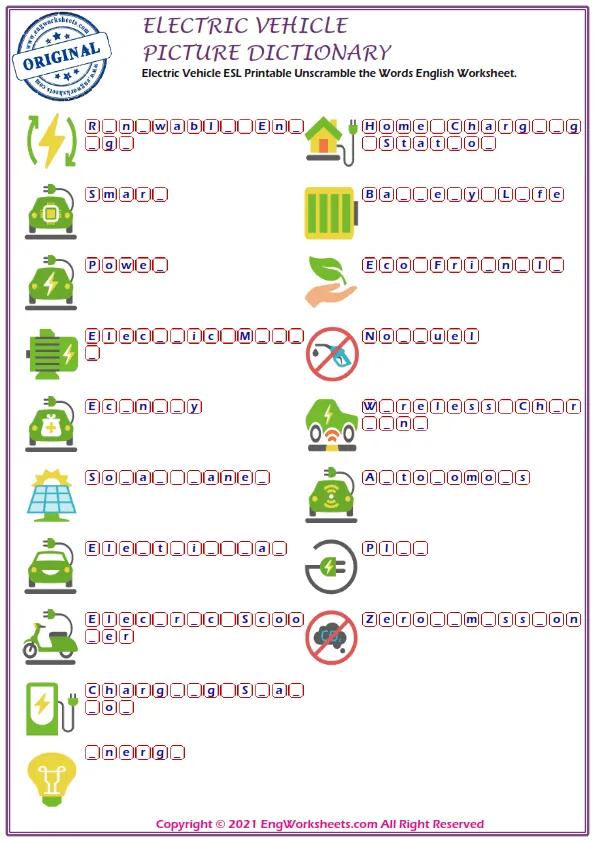 Electric Vehicle ESL Printable Unscramble the Words English Worksheet. Worksheet Preview