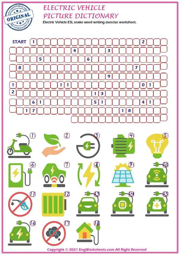 Electric Vehicle ESL snake word writing exercise worksheet. Worksheet Preview
