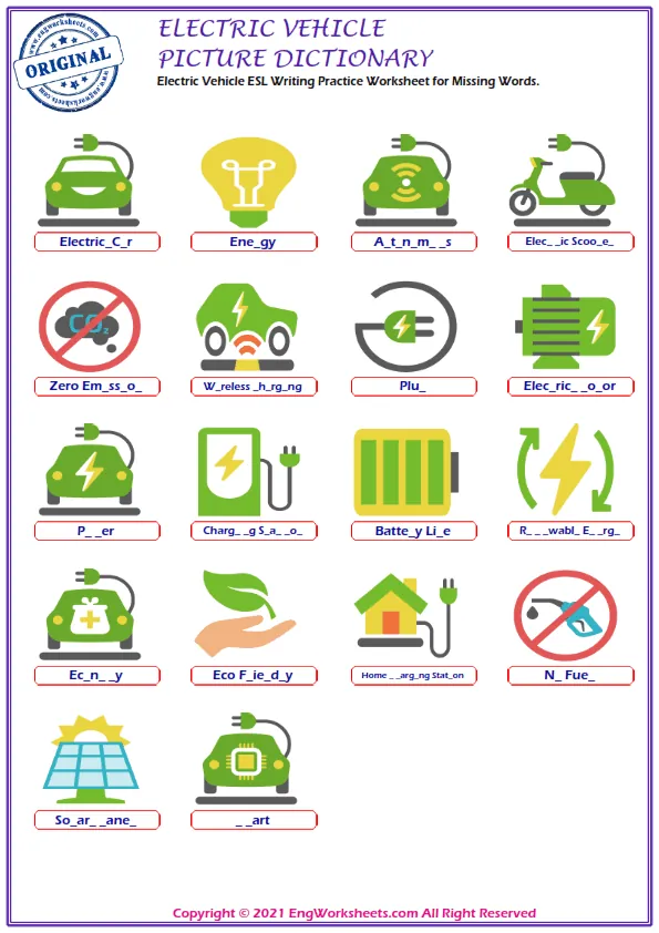 Electric Vehicle ESL Writing Practice Worksheet for Missing Words. Worksheet Preview