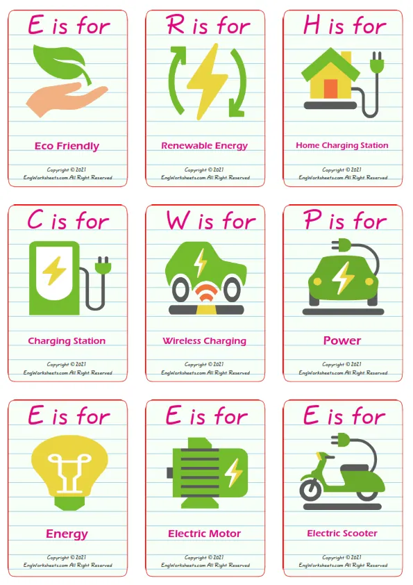 Electric Vehicle vocabulary worksheet with words, nine images per page Worksheet Preview