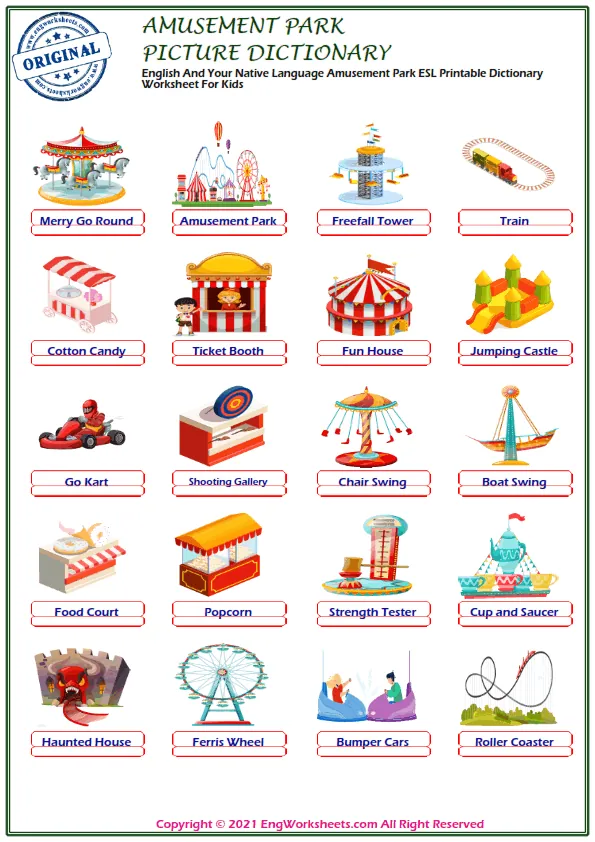 English And Your Native Language Amusement Park ESL Printable Dictionary Worksheet For Kids Worksheet Preview