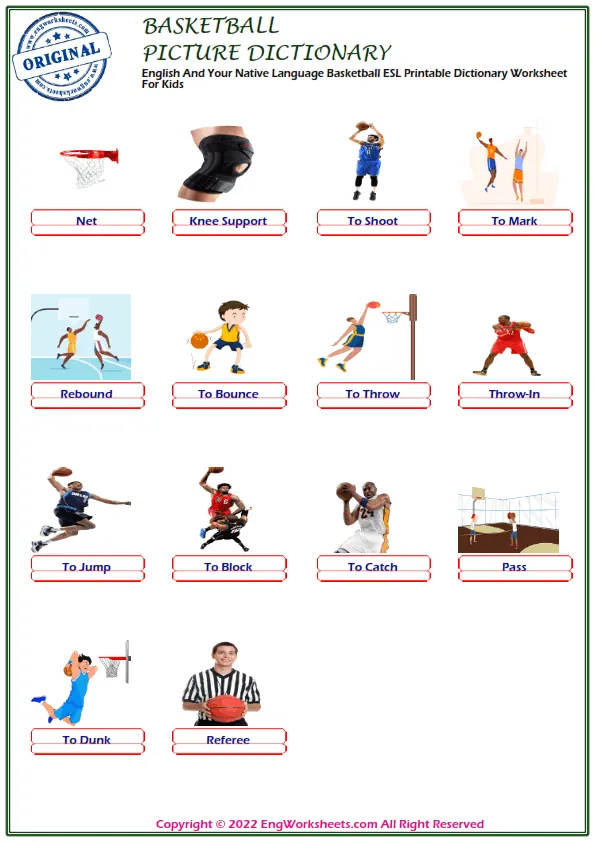 English And Your Native Language Basketball ESL Printable Dictionary Worksheet For Kids Worksheet Preview