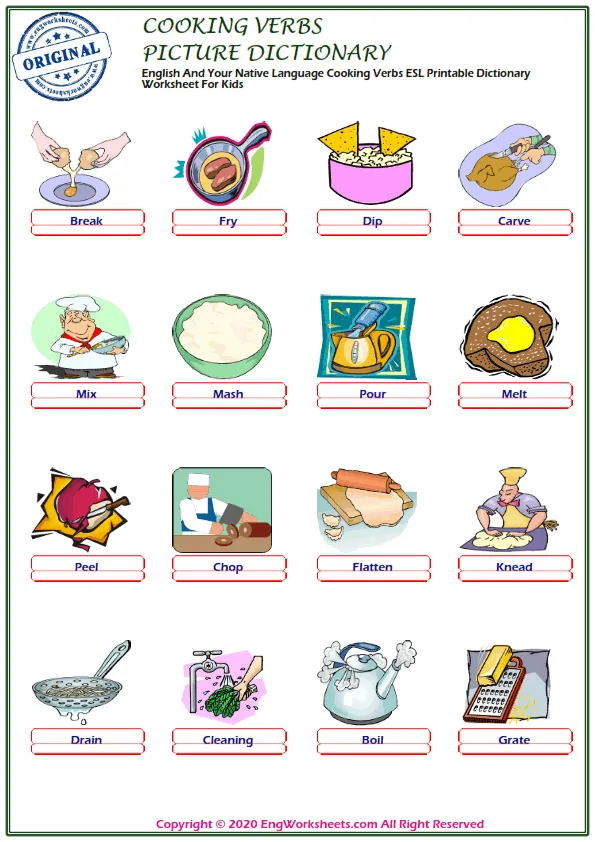 English And Your Native Language Cooking Verbs ESL Printable Dictionary Worksheet For Kids Worksheet Preview