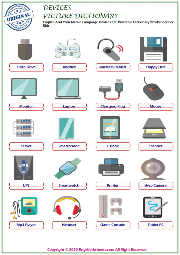 English And Your Native Language Devices ESL Printable Dictionary Worksheet For Kids Worksheet Preview