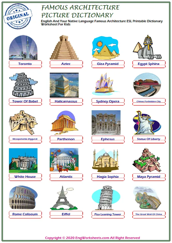 English And Your Native Language Famous Architecture ESL Printable Dictionary Worksheet For Kids Worksheet Preview