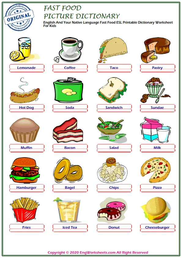 English And Your Native Language Fast Food ESL Printable Dictionary Worksheet For Kids Worksheet Preview