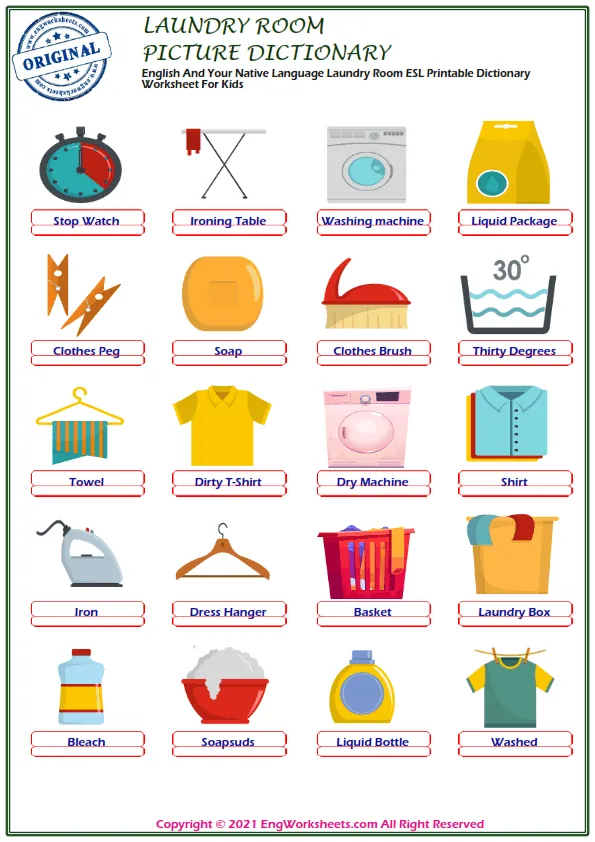 English And Your Native Language Laundry Room ESL Printable Dictionary Worksheet For Kids Worksheet Preview