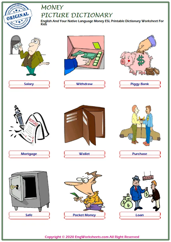 English And Your Native Language Money ESL Printable Dictionary Worksheet For Kids Worksheet Preview
