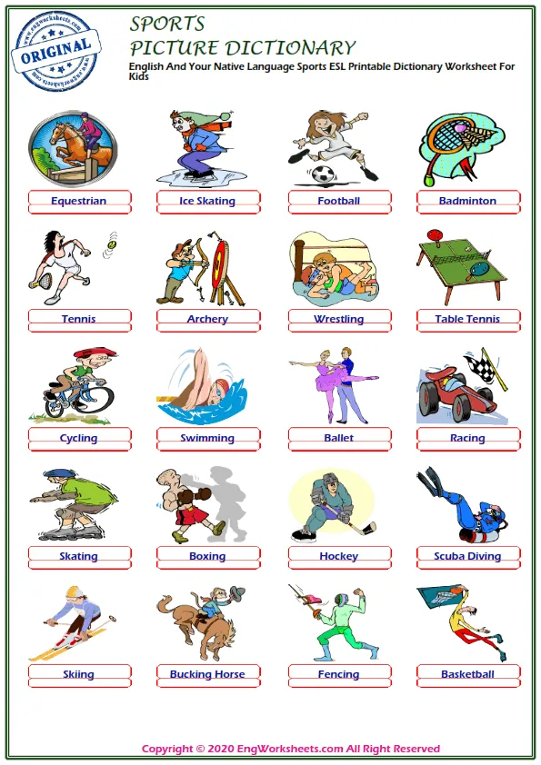 English And Your Native Language Sports ESL Printable Dictionary Worksheet For Kids Worksheet Preview