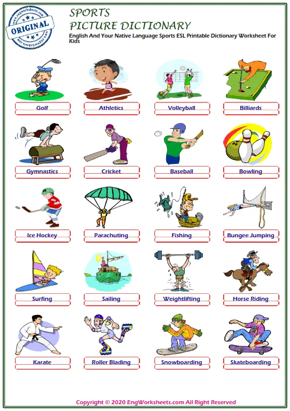 English And Your Native Language Sports ESL Printable Dictionary Worksheet For Kids Worksheet Preview