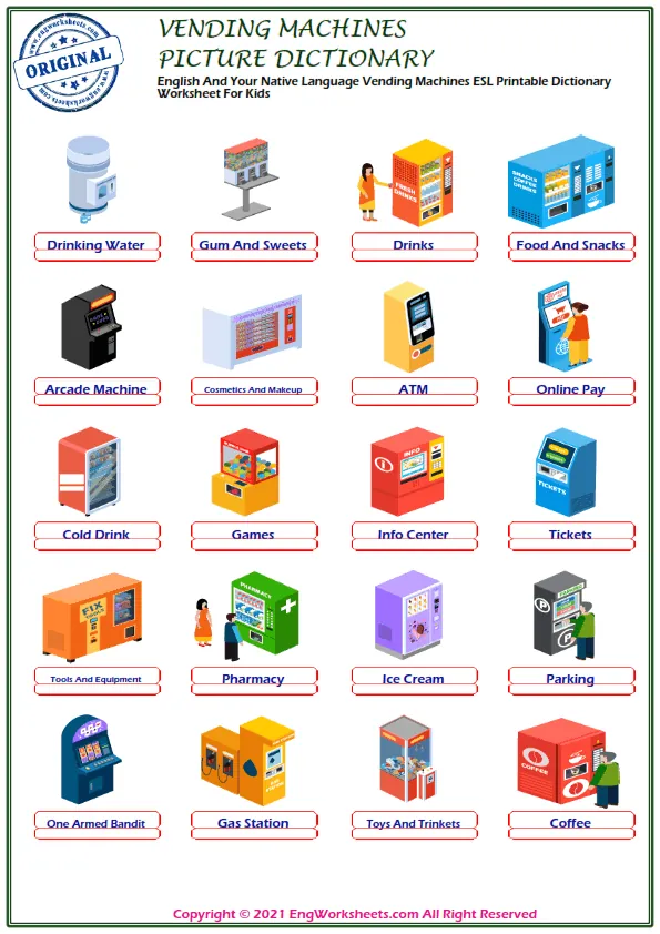 English And Your Native Language Vending Machines ESL Printable Dictionary Worksheet For Kids Worksheet Preview
