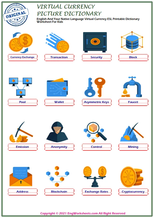 English And Your Native Language Virtual Currency ESL Printable Dictionary Worksheet For Kids Worksheet Preview