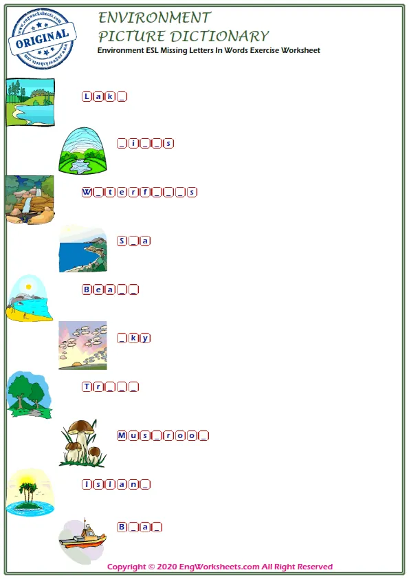 Environment ESL Missing Letters In Words Exercise Worksheet Worksheet Preview