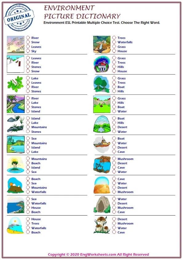 Environment ESL Printable Multiple Choice Test. Choose The Right Word. Worksheet Preview