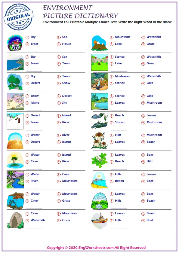 Environment ESL Printable Multiple Choice Test. Write the Right Word in the Blank. Worksheet Preview